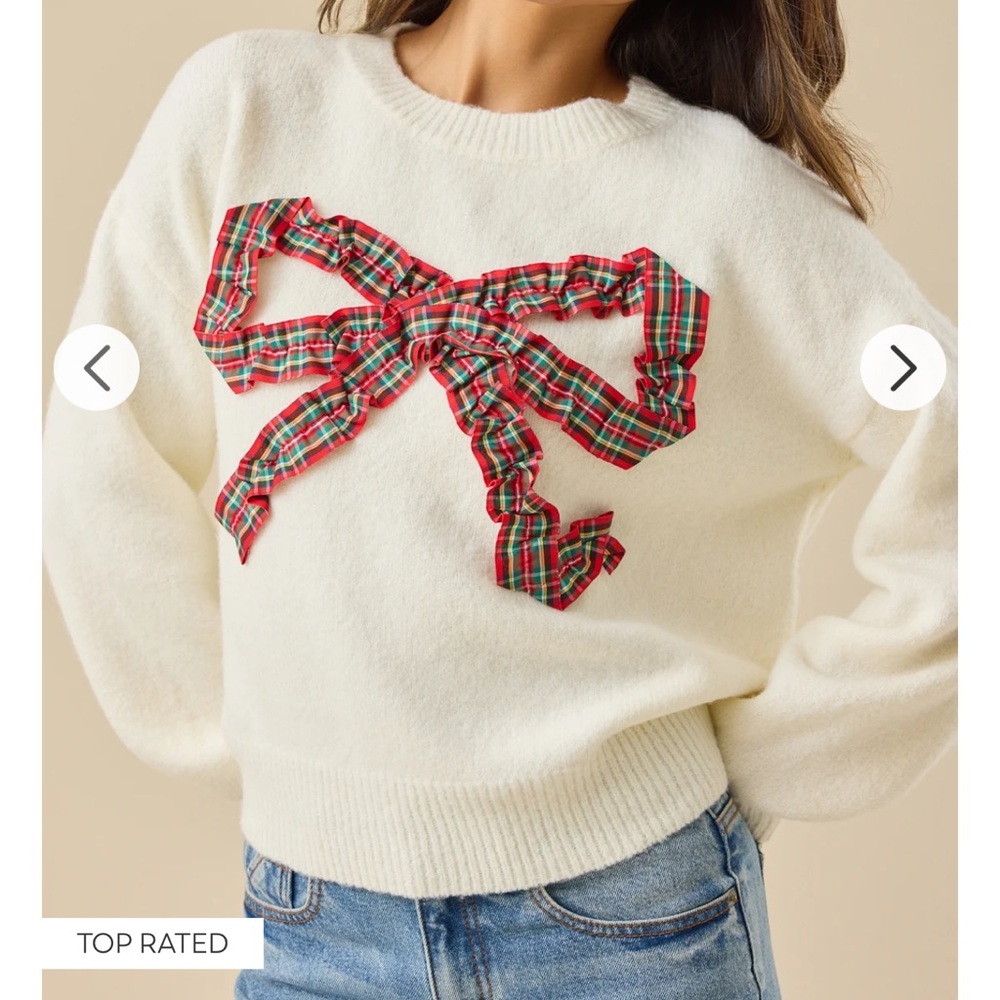 Altar'd State Cream Sweater with Plaid Bow